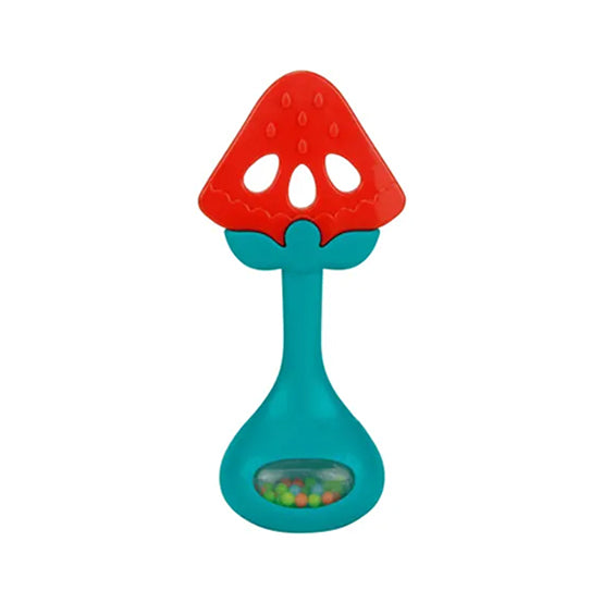 Colorful baby teether rattle toy in fruit shape for sensory play and teething relief.