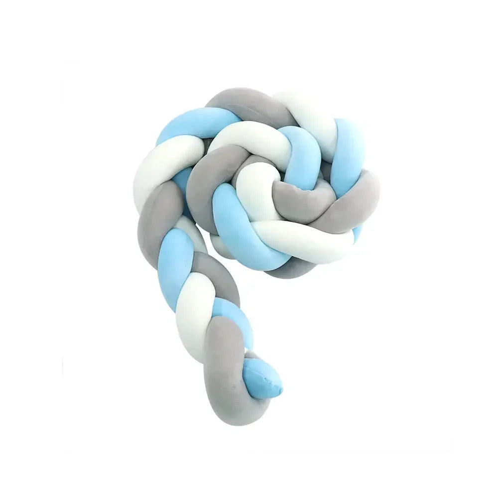Three Knotted Cot Bumper - White, Grey & Blue