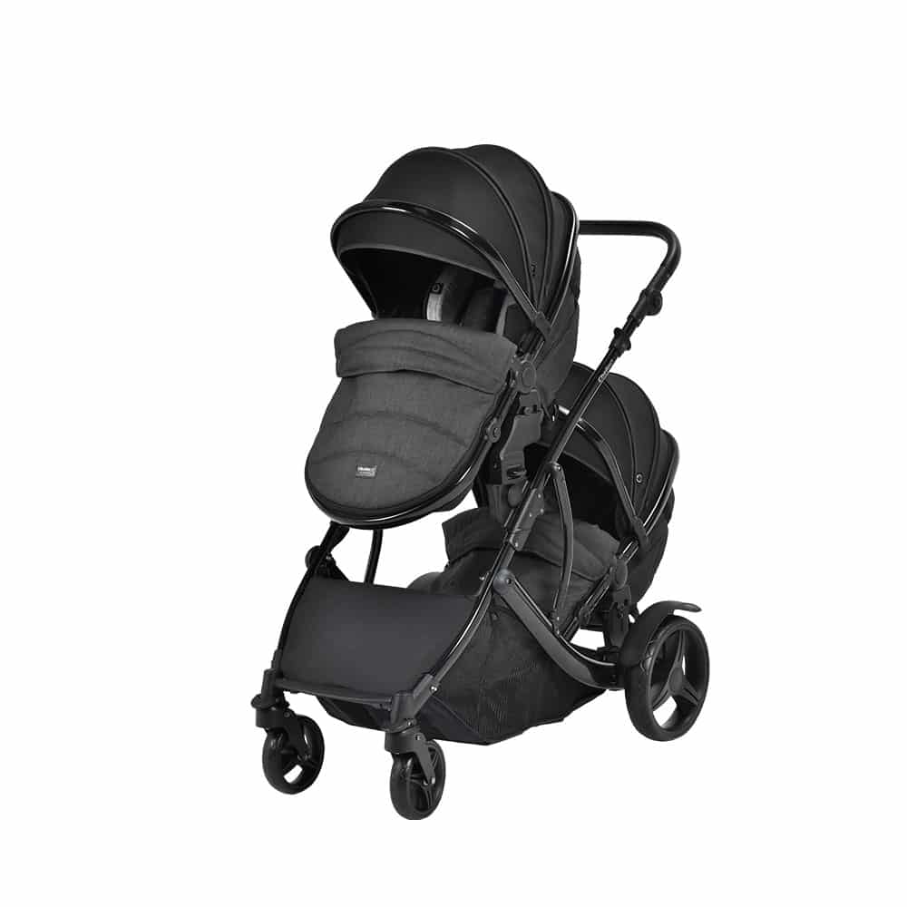 Lunar Twin Black Stroller with adjustable footrest, convertible seats, and parent handlebar for twins and siblings.