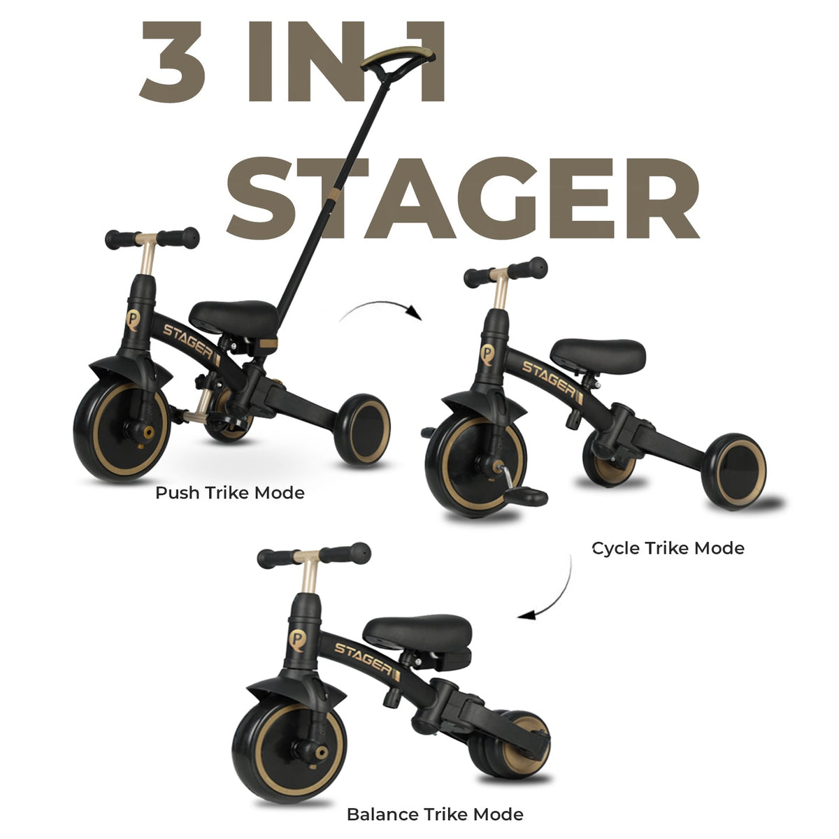 QPLAY Stager 3 IN 1 Tricycle W/Child Pushchair - Black & Gold