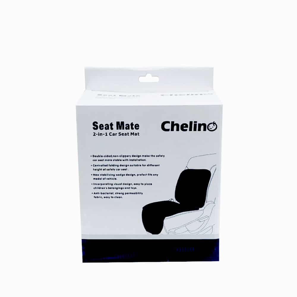 Seat Mate Car Seat Protector Black with non-slip design and storage pockets displayed in packaging.