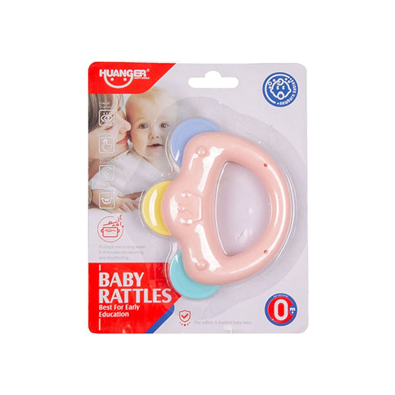 Blue and yellow baby teether rattle toy for sensory development.
